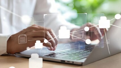Man typing on laptop with glowing digital data flow and security lock icons symbolizing connectivity - Powered by Adobe