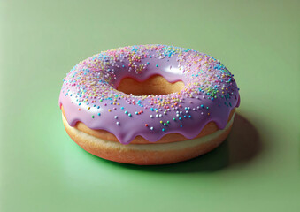 Close-up of a round donut on green background with glossy purple icing and colorful sprinkles. Vibrant, playful dessert image perfect for food photography and design.