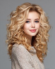 Hair care and hair styling Smiling woman with blonde curly hair Portrait of a smiling young woman with curly hair.