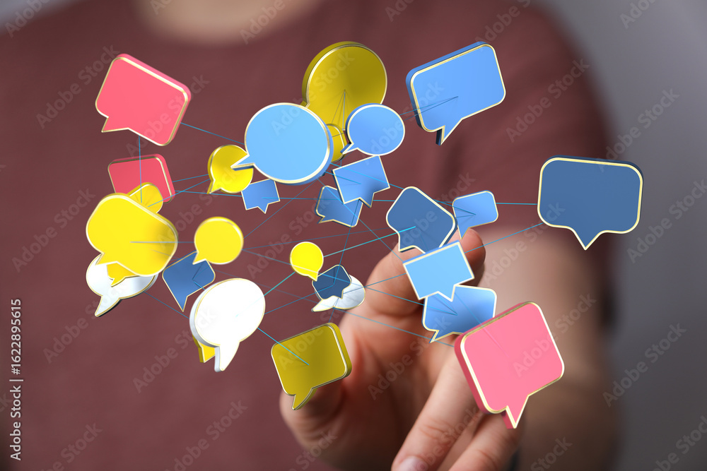 Aufkleber hand interacting with a network of colorful speech bubbles, symbolizing global communication and con