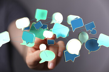 Abstract image of interconnected speech bubbles symbolizing global communication and networking.