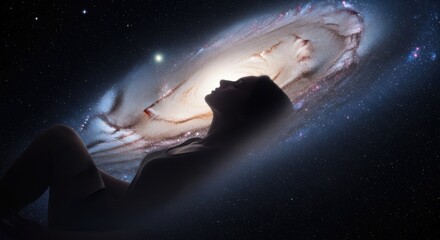 Silhouette of Woman Lying Back in Cosmic Space Scene with Galaxy and Stars