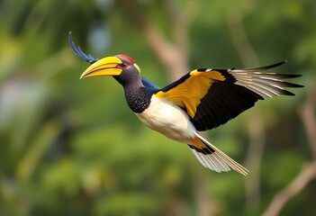 Obraz premium Oriental pied hornbill in flight, wings spread wide, showcasing vibrant plumage, animal, nature scene