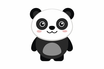 Adorable cartoon illustration of a standing panda with big round eyes, blushing cheeks, and a happy smile, set against a soft pastel background.