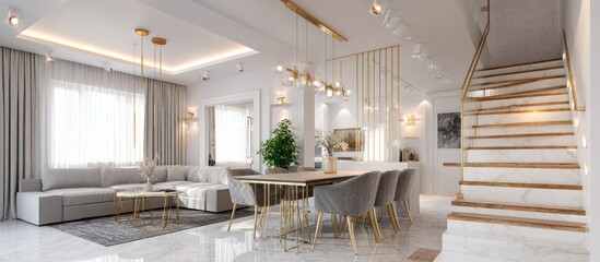 Fototapeta premium Modern, open-plan living area with a stylish dining setup and a grand staircase. Light-filled space with neutral tones and gold accents