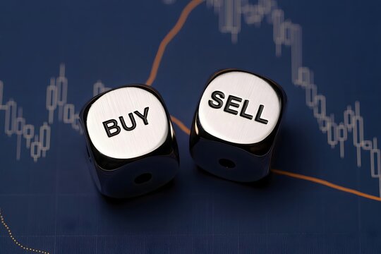 Buy or sell stock market investment strategy concept with dice and financial chart background