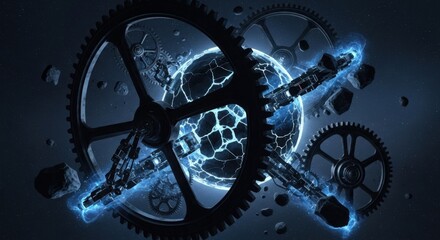 Futuristic Mechanical Gears with Electric Lightning in Space Scene