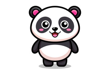 Adorable cartoon illustration of a standing panda with big round eyes, blushing cheeks, and a happy smile, set against a soft pastel background.