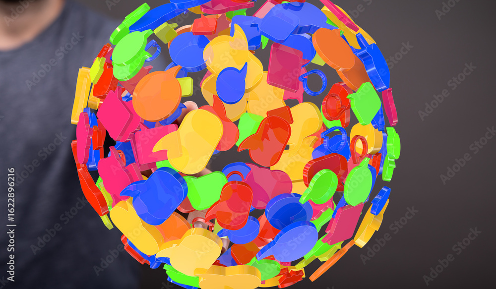 Poster abstract 3d rendering of colorful speech bubbles forming a sphere, symbolizing global communication 