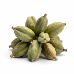 Aromatic Cardamom Pods: An eye-level close-up captures the alluring beauty of a vibrant cardamom pod, revealing its rich texture and earthy tones against an isolated backdrop.