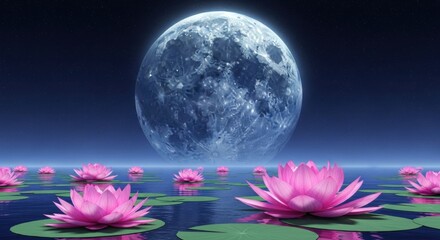 Full Moon Over Pink Water Lilies in Calm Night Scene