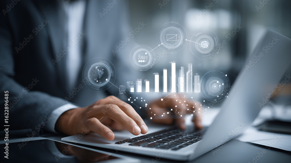 Poster business analytics and data visualization: a sharp professional in a tailored suit, intently navigat