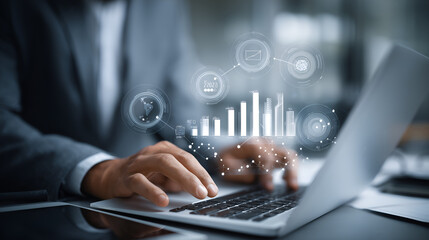 Business Analytics and Data Visualization: A sharp professional in a tailored suit, intently navigates a laptop, as holographic data visualizations float, revealing insights.