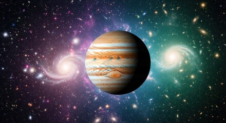 Giant Planet Jupiter Surrounded by Spiral Galaxies and Starfield in Deep Space