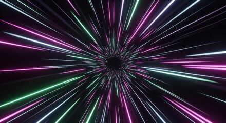 Colorful Neon Light Streaks Radiating in Dark Space Abstract Background