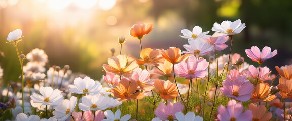 Closeup of White Pink and Orange Flowers in a Spring Garden with Soft Sunlight