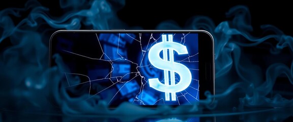 Smartphone screen cracked, dollar sign, smoke rising,  cost,  broken