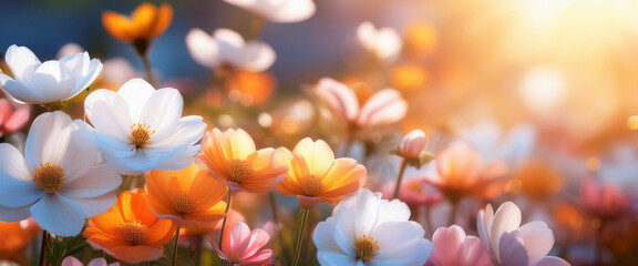 Closeup of White Pink and Orange Flowers in a Spring Garden with Soft Sunlight