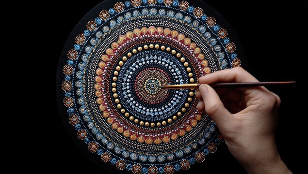 Hand-painted mandala on dark surface