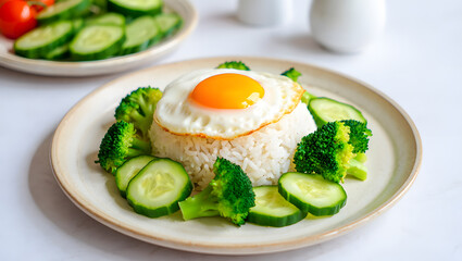 Healthy Food Plate: Fried Egg, Rice, Broccoli, and Cucumber Slices.  Simple, Bright, and Nutritious Meal.