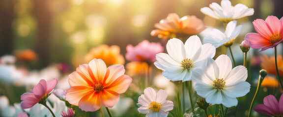 Closeup of White Pink and Orange Flowers in a Spring Garden with Soft Sunlight