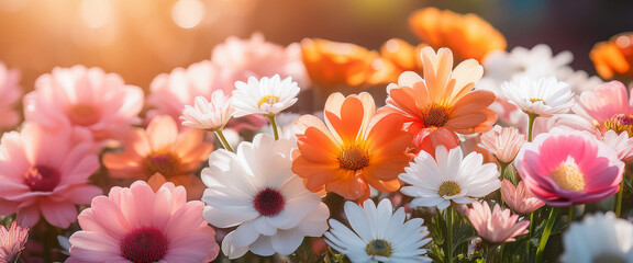 Closeup of White Pink and Orange Flowers in a Spring Garden with Soft Sunlight