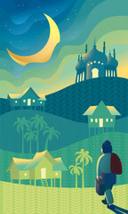 Vector of a man who is going back to his hometown, some place in countryside, also known as rumah kampung. With cool color theme.