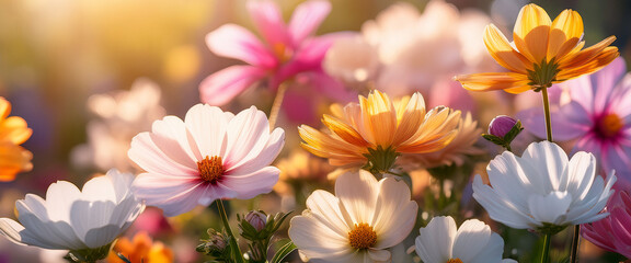 Closeup of White Pink and Orange Flowers in a Spring Garden with Soft Sunlight