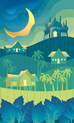 Vector of some place in countryside, also known as rumah kampung. With cool color theme.

