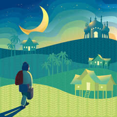 Vector of a man who is going back to his hometown, some place in countryside, also known as rumah kampung. With cool color theme.