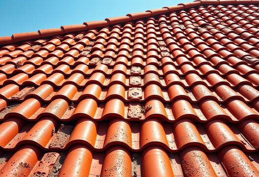 Sun-drenched terracotta roof tiles, textured background, surface, roof