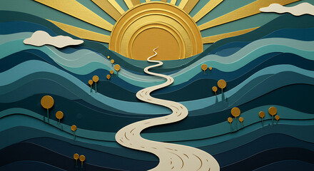 Obraz premium Serene Paper Cut Journey with Golden Sun and Winding Road through Layered Landscape