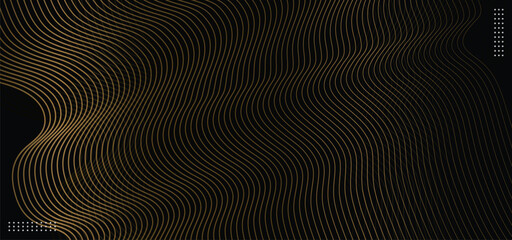 Abstract gold wavy lines on black background.
