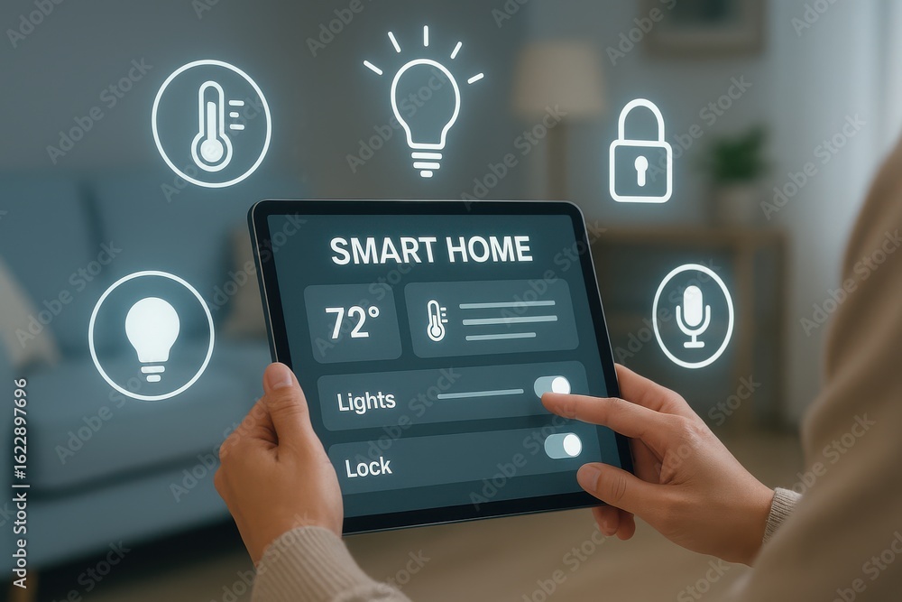 Poster user managing smart home system on tablet with temperature, lighting, and lock control interface in 