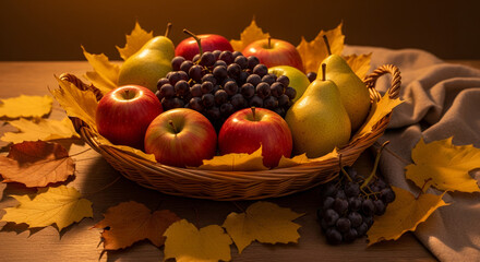 Still Life with Canadian Autumn Fruits and Fall Leaves