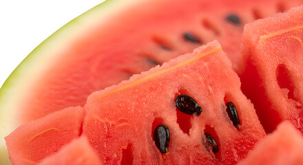 Close-up Captures Fresh Watermelon Slices, Showcasing Juicy Texture and Black Seeds Delightfully
