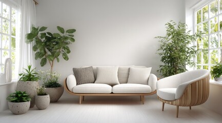 Bright, minimalist living room with natural elements