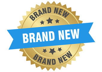 brand new. brand new round blue and gold label isolated on transparent background