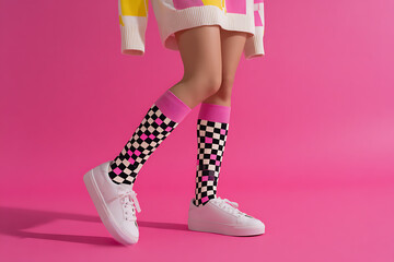 Checkerboard Socks and White Sneakers on Pink Background: A Fashionable and Playful Composition