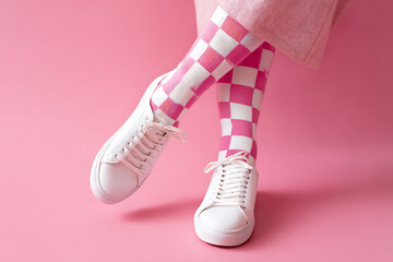 Pink checkerboard tights paired with white sneakers, creating a playful and fashionable statement on a pink background.