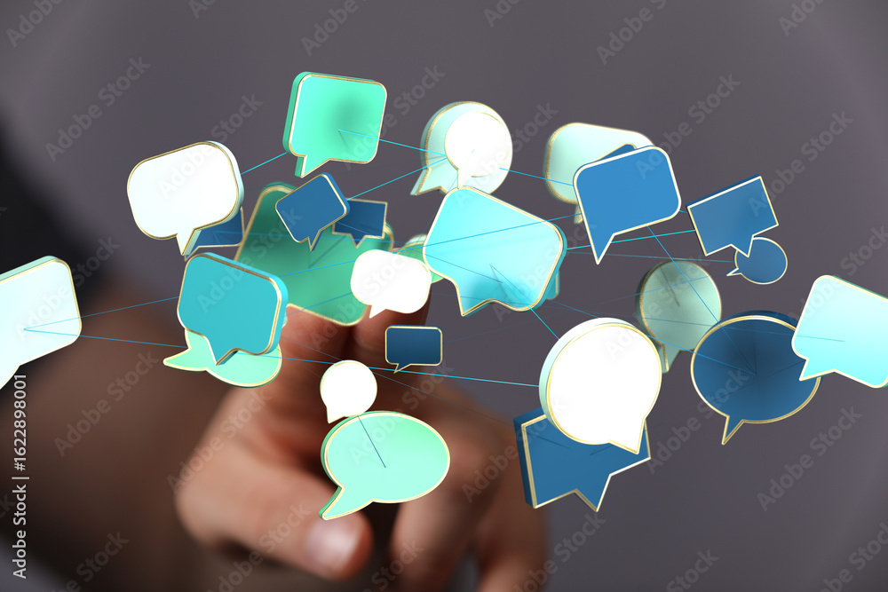 Poster abstract image of interconnected speech bubbles, representing global communication and networking.