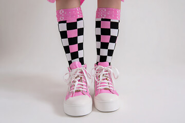 Pink sneakers and checkered socks create a vibrant and playful fashion statement against a neutral backdrop.