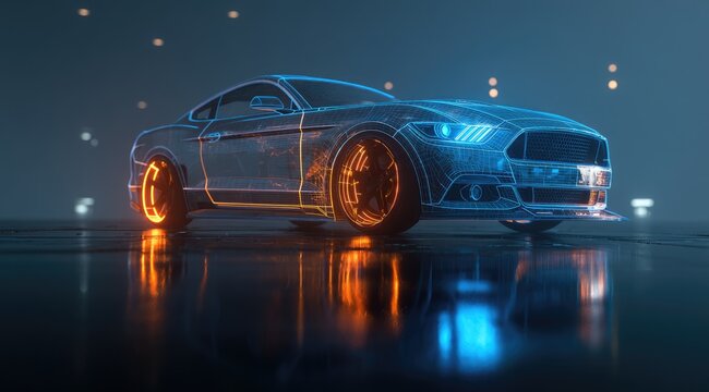 Futuristic car model, outlined in glowing neon lines, sits on a reflective surface