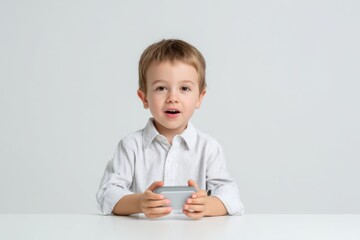 Young Child Holding Smartphone Excitedly in Bright Indoor Setting
