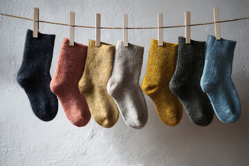 Colorful woolen socks hanging on a rope attached with wooden clothespins against a white textured wall.