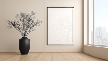 Fototapeta premium A minimalist room showcases a black vase with delicate branches beside a blank framed poster, bathed in soft light from a nearby window.