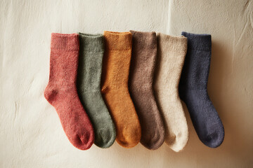 A collection of cozy wool socks in various earthy tones displayed on a neutral fabric background.