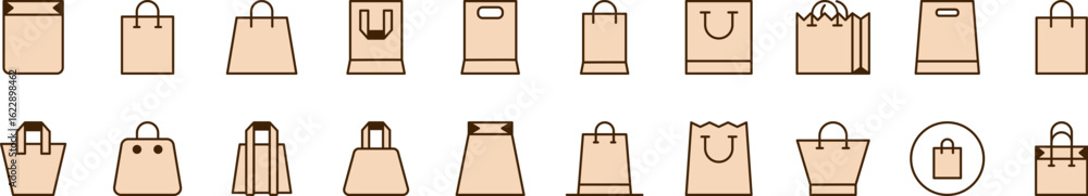 Poster bundle of filled color icons of beige shopping bag. minimalistic linear pictogram for web and graphi