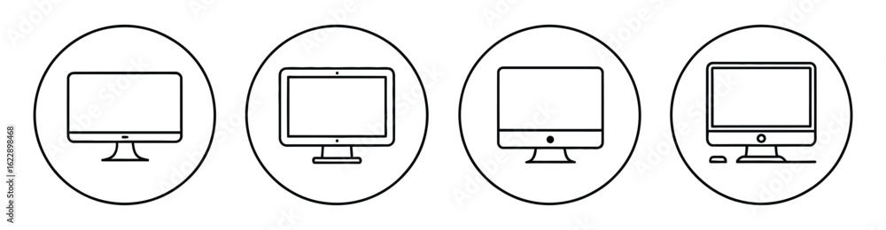 Poster vector art of set of computer monitor icons with different screen styles inside circles, isolated on