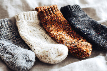 A cozy display of knitted socks in various colors, showcasing warmth and comfort on a soft fabric.
